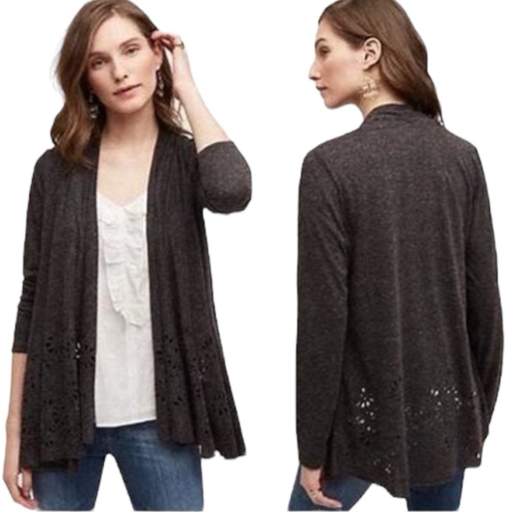 Anthropologie Meadow Rue Verna Linen Blend Laser Cut Out Cardigan Womens Size XS